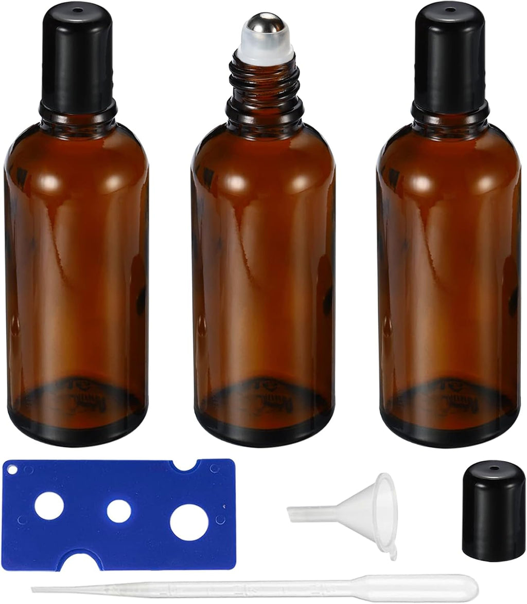100ML Roller Bottles for Essential Oil, 3 Pack Empty Amber Glass Roller Bottle for Perfume Oil, Roll on Bottles with Stainless Steel Roller Balls, Opener, Funnel and Dropper