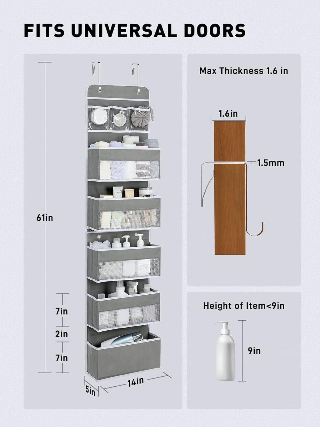 Yecaye 6-Tier Over the Door Storage Organizer, Flexible 1 Split into 2 Swing-proof Hanging Bathroom Storage Organization, Bedroom Organizer and Storage for Newborn Baby Essentials, Grey
