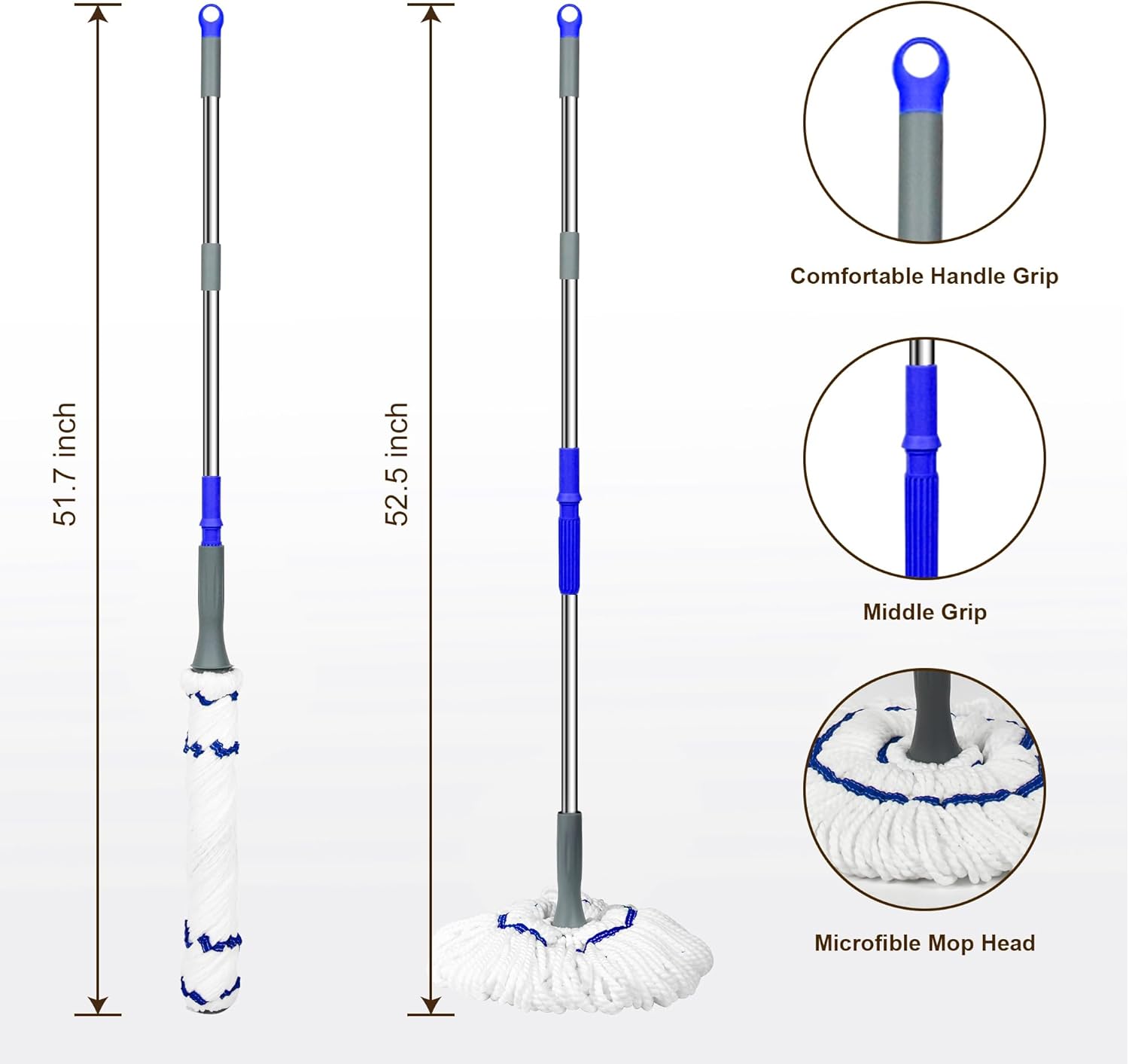 Self Wringing Floor Cleaner with 52.5 Inch Long Handle, Heavy Duty Wet Mop for Hardwood, Tile, Vinyl, Laminate Floors (White)