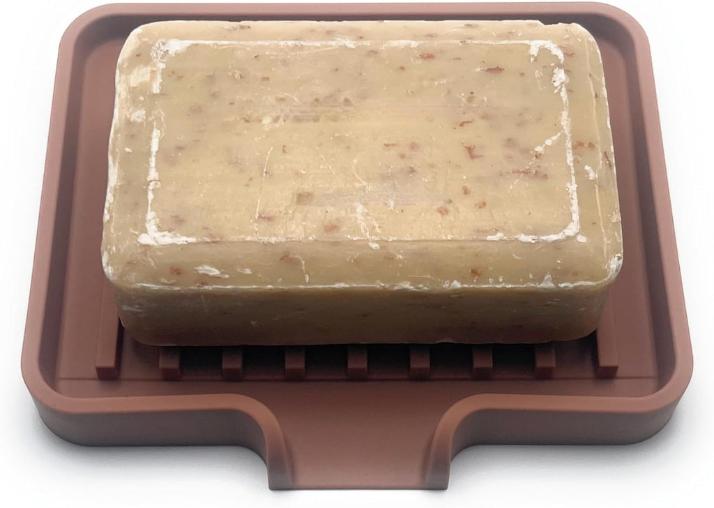 Happitasa Silicone Soap Dish Tray and Sponge Holder with Drain Chute, Pack of 2 | Bathroom and Kitchen Sink Organizer Caddy (Mocha, 5.2"x4", 7.2 Ounces)