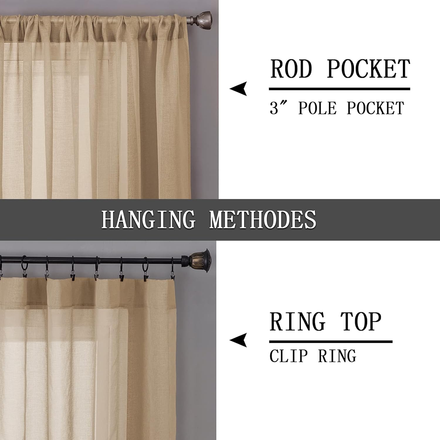 Tollpiz Sheer Curtains Living Room Linen Textured Curtain Sheers Light Filtering Voile Rod Pocket Curtains for Bedroom, 38 x 63 inches Long, Beige, Set of 2 Panels