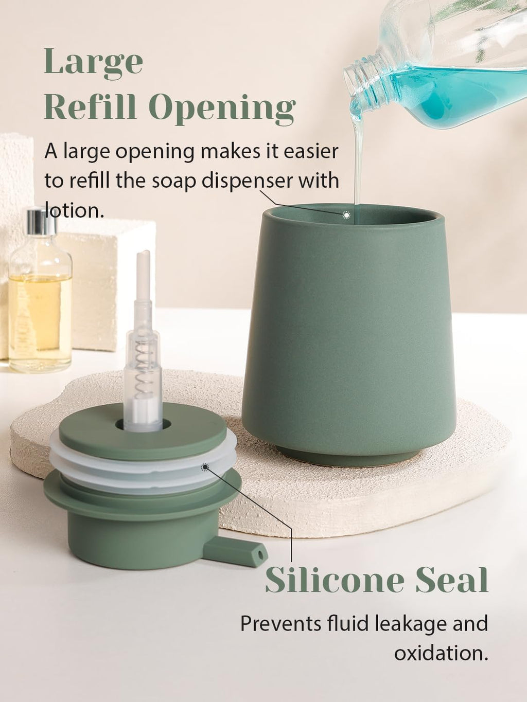 INGOFIN Ceramic Soap Dispenser, 14 oz Bathroom Hand Soap Dispenser, Liquid Dispenser with Pump, Refillable Modern Lotion Dish Dispenser for Kitchen, Matte Green