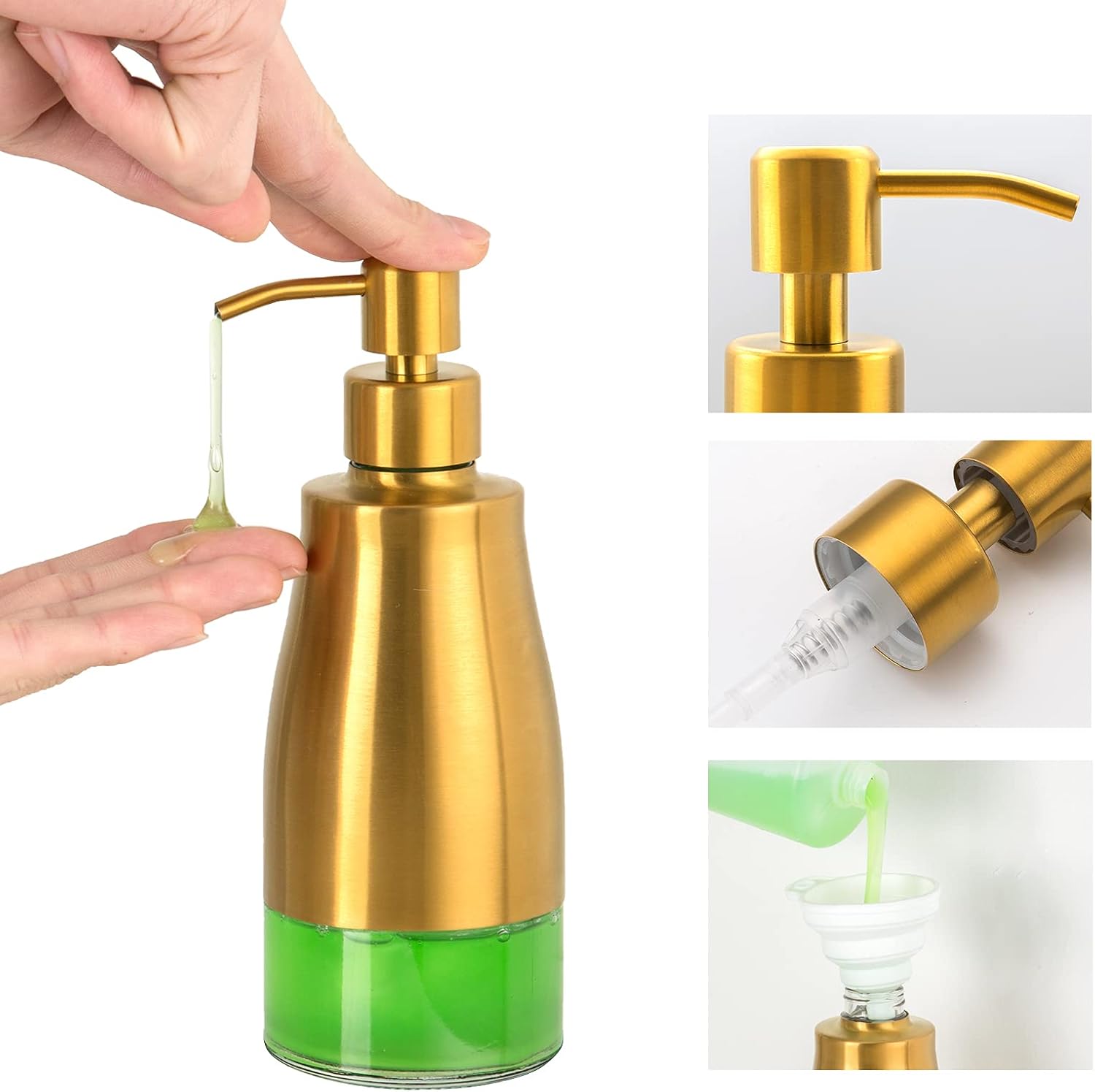Gaussra Soap Dispenser with Coaster and Stickers, Brushed Gold Stainless Steel Glass Hand Pump Dispenser, Anti Rust Bottle, for Kitchen & Bathroom Detergent Bottle，Refillable Hand Liquid Dispenser