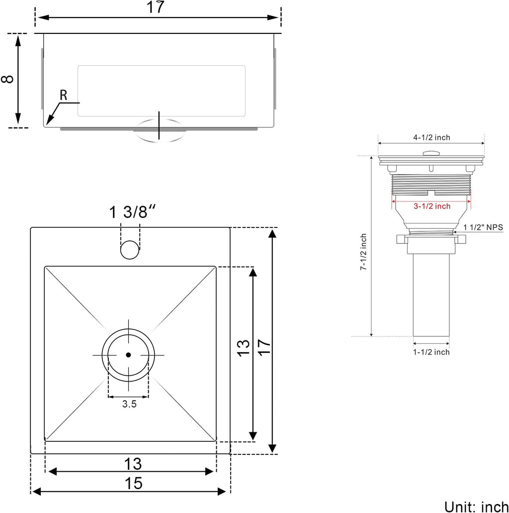 15x17 inch Bar Sink Drop in, Handmade 304 Stainless Steel Sink, 8" Deep Single Bowl, R10 Tight Radius, Topmount Installation, for Small Kitchen/RV/Bar Sink, Brushed