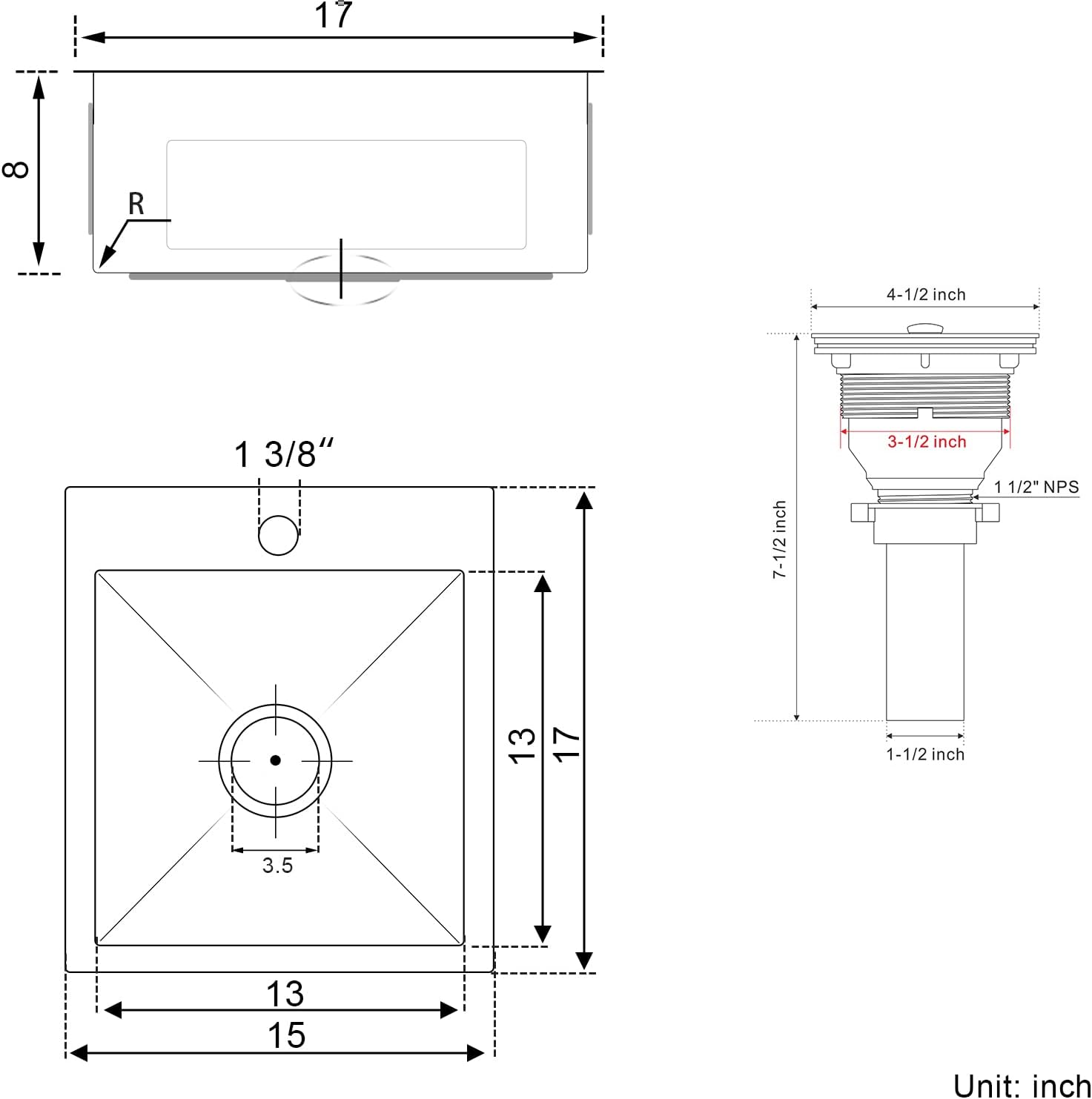 15x17 inch Bar Sink Drop in, Handmade 304 Stainless Steel Sink, 8" Deep Single Bowl, R10 Tight Radius, Topmount Installation, for Small Kitchen/RV/Bar Sink, Brushed