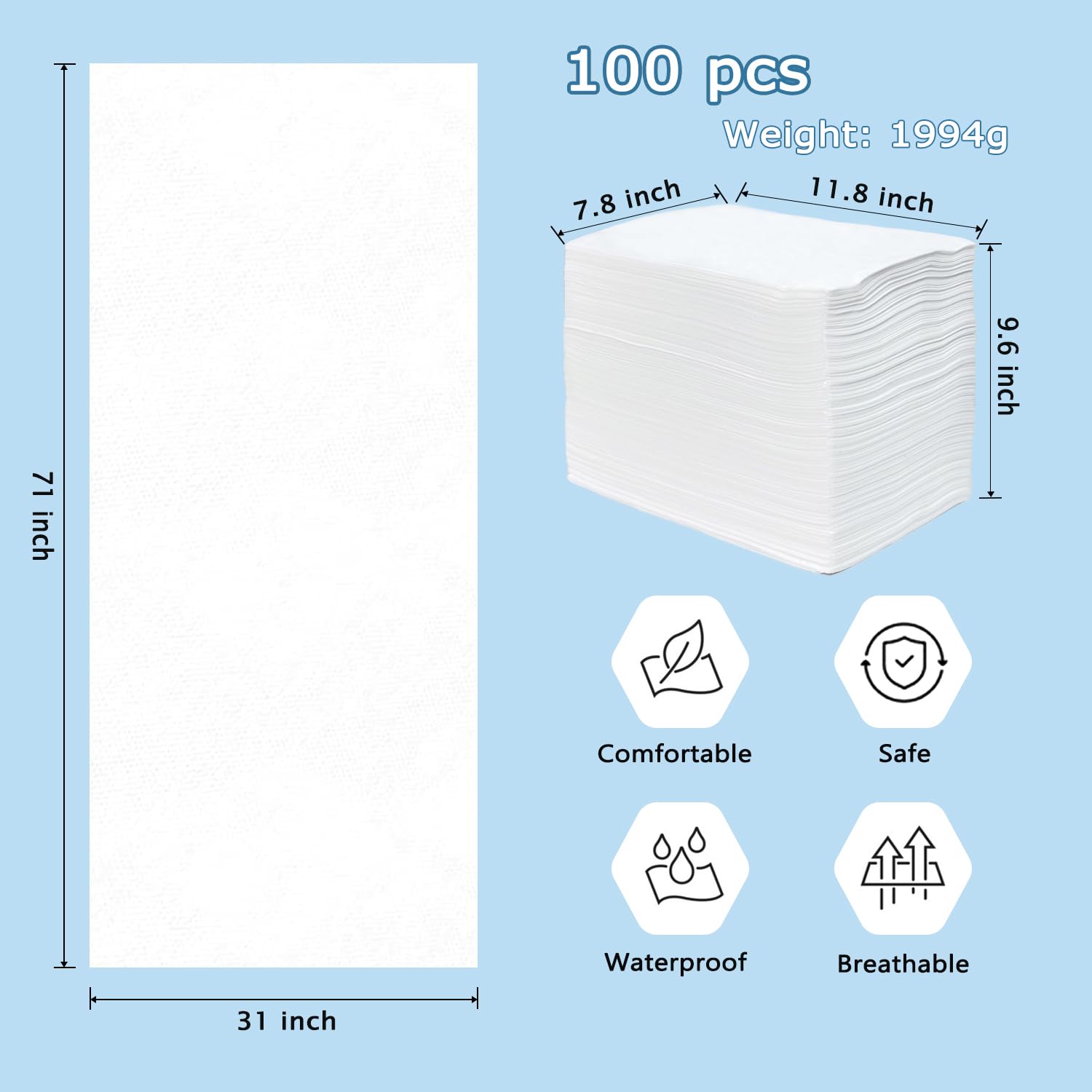 100Pcs Disposable Massage Table Sheets 31" x 71" Non-Woven Fabric Disposable Bed Sheets SPA Bed Cover Breathable Oil-Waterproof Sheets for Travel Spa Tatto Hotel Salon (White)