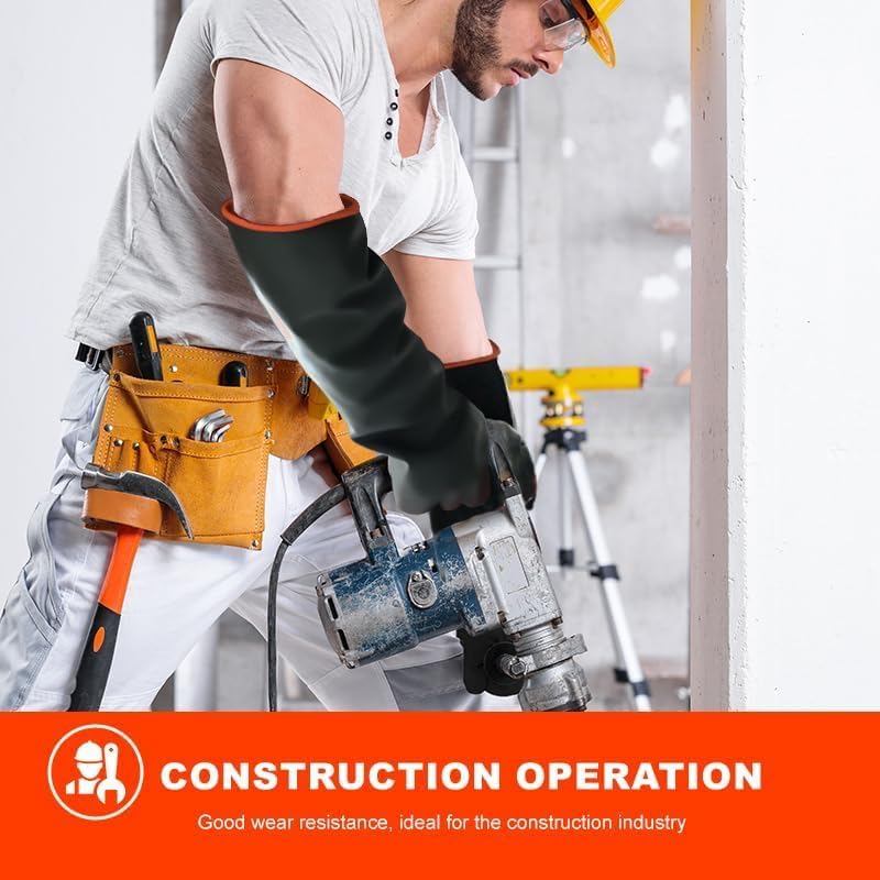 North Tower Heavy-Duty Latex Chemical Resistant Gloves - Reusable Long Rubber Dishwashing Gloves with Forearm Protection for Men - Waterproof, Industrial Safety Gear,18“，2 Pair