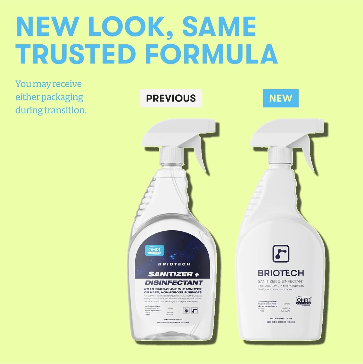 BRIOTECH Sanitizer Disinfectant Hypochlorous Spray, Kill 99.99% of Viruses & Bacteria, Control Mold, Eliminate Odor, Gentle for Nursery & Play Rooms, Food Contact Surface Sanitizer, 8 fl oz