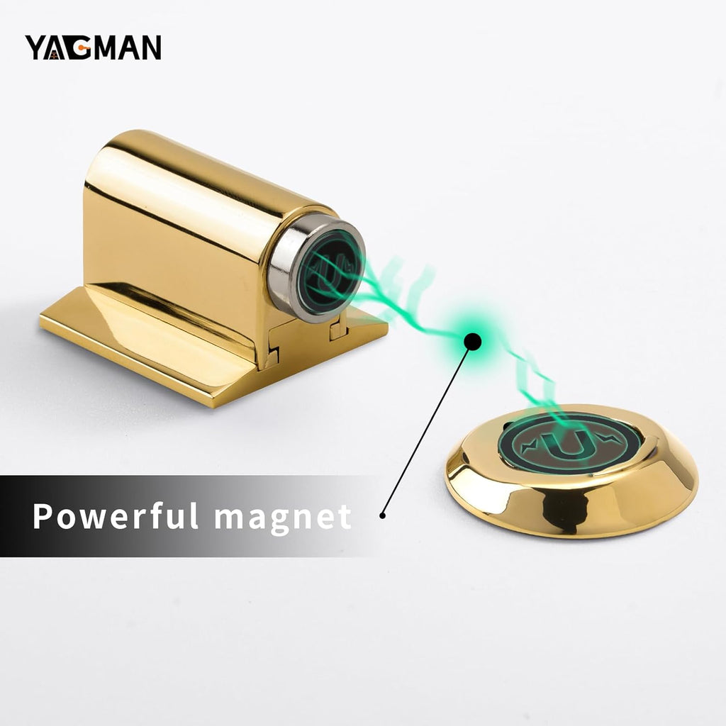 3 Pack Magnetic Door Stoppers Retractable Bottom of Door Holder No Drilling Mount Floor Door Stop with Screws and Adhesive Catch Door Keep Door Open Polished Gold PG-3