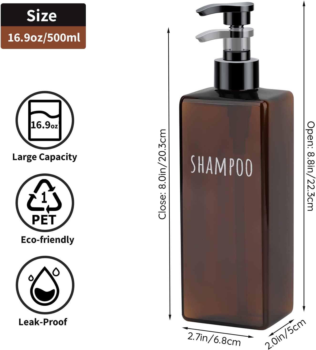Segbeauty 16.9oz Lotion Dispenser, 3pcs Refillable Square Shampoo Bottles with Pump, 500ml Empty Plastic Bathroom Shower Bottles Liquid Soap Container Body Wash Dispenser for Home Hotel Travel Amber