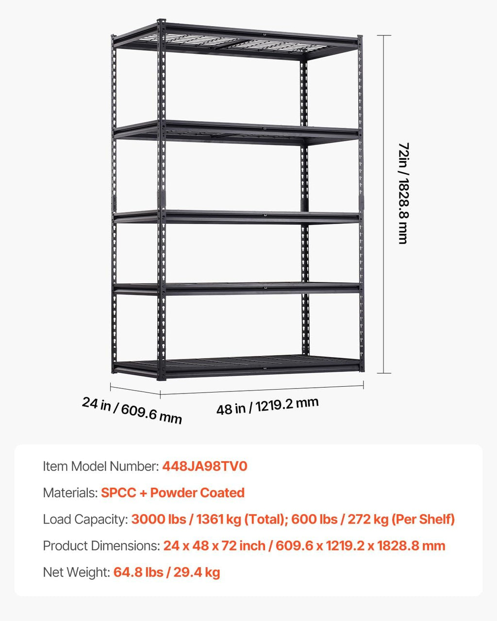 VEVOR Storage Shelves, 3000 lbs, 5 Tier Heavy Duty Garage Shelving, 24" D x 48" W x 72" H Adjustable Metal Shelves for Industrial Shelving Unit Utility Shelf, for Kitchen, Warehouse, Basement, Black