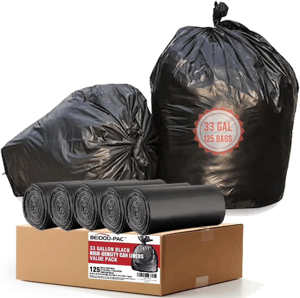 33 Gallon Trash Bags, 125 Count, Black Garbage bags, Multi-purpose Trash Can Bin Liners for Home Commercial, Outdoor, Construction, Industrial, Janitorial, Municipal, Lawn, Leaf
