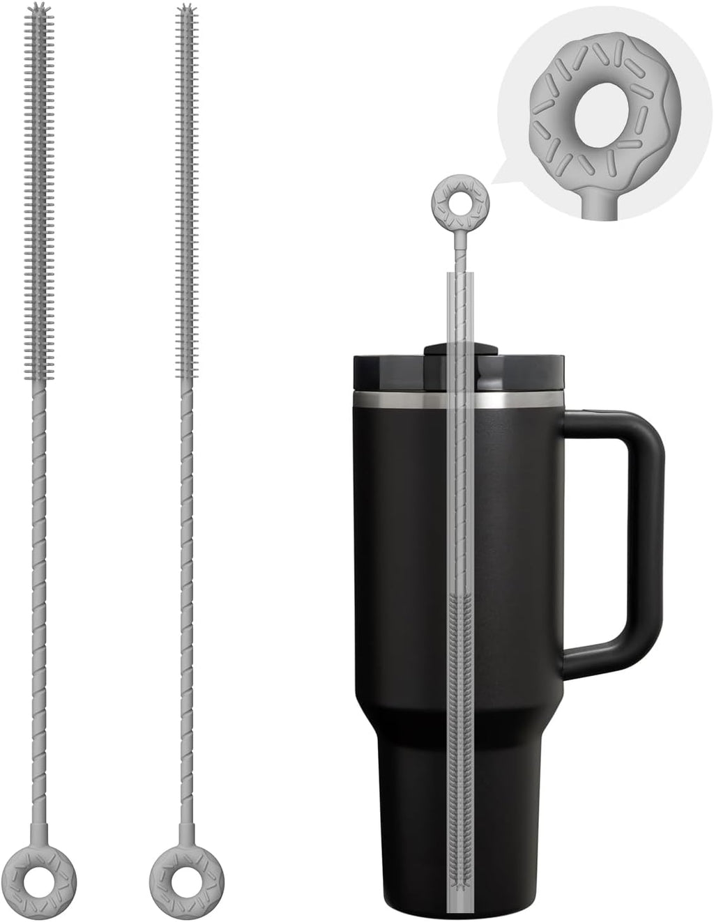 2 Pcs Silicone Straw Cleaner Brush, Extra Long Cleaning Brushes for Straws, 6mm&9mm, Gray