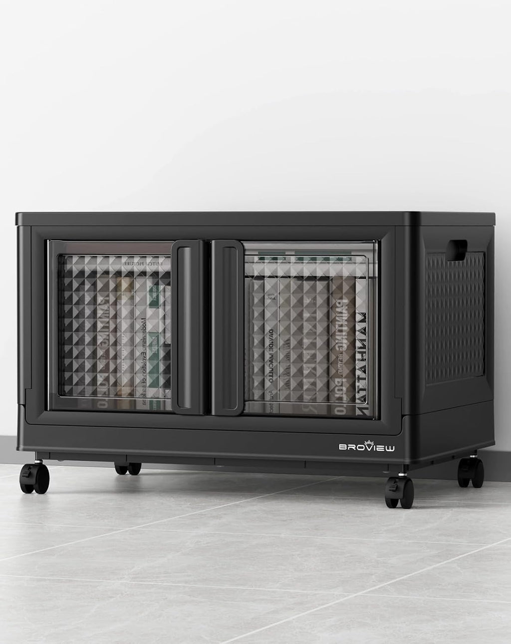 BROVIEW 100 Qt Stackable Storage Bin with Lid & Doors, 1 Pack Plastic Closet Organizer and Storage Drawer with Wheels, Large Collapsible Storage Box, Cabinet for Home, Office, V10, Black