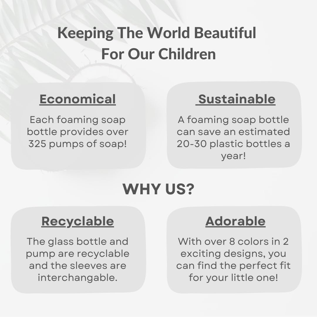 SoCal Suds & Company Glass Foaming Hand Soap Dispenser, Soft Grip Silicone Sleeve, Refillable Pump Bottle for Kids, Baby Wash & Shampoo, Ideal for Home Use, Light Blue 8oz