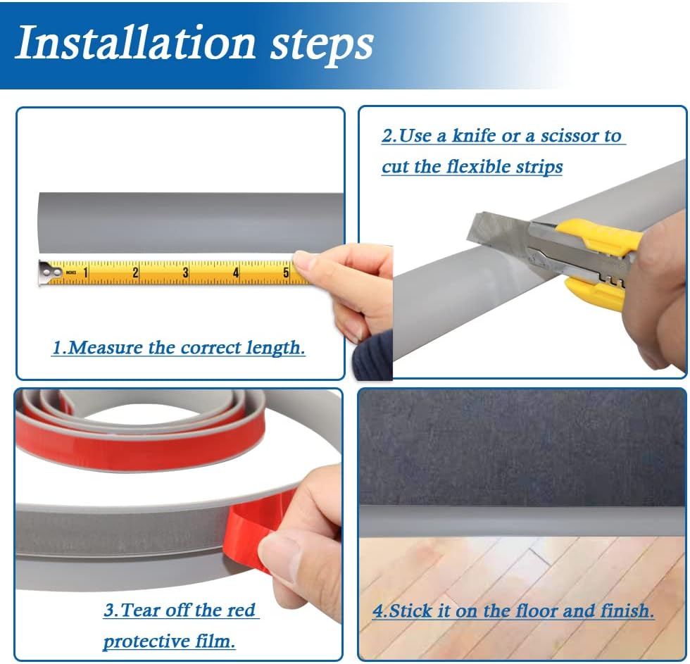 Floor Transition Strip Self Adhesive Carpet & Flooring Transitions Edging Trim Strip PVC Threshold Transitions Suitable for Threshold Height Less Than 3mm (10Ft, Gray)