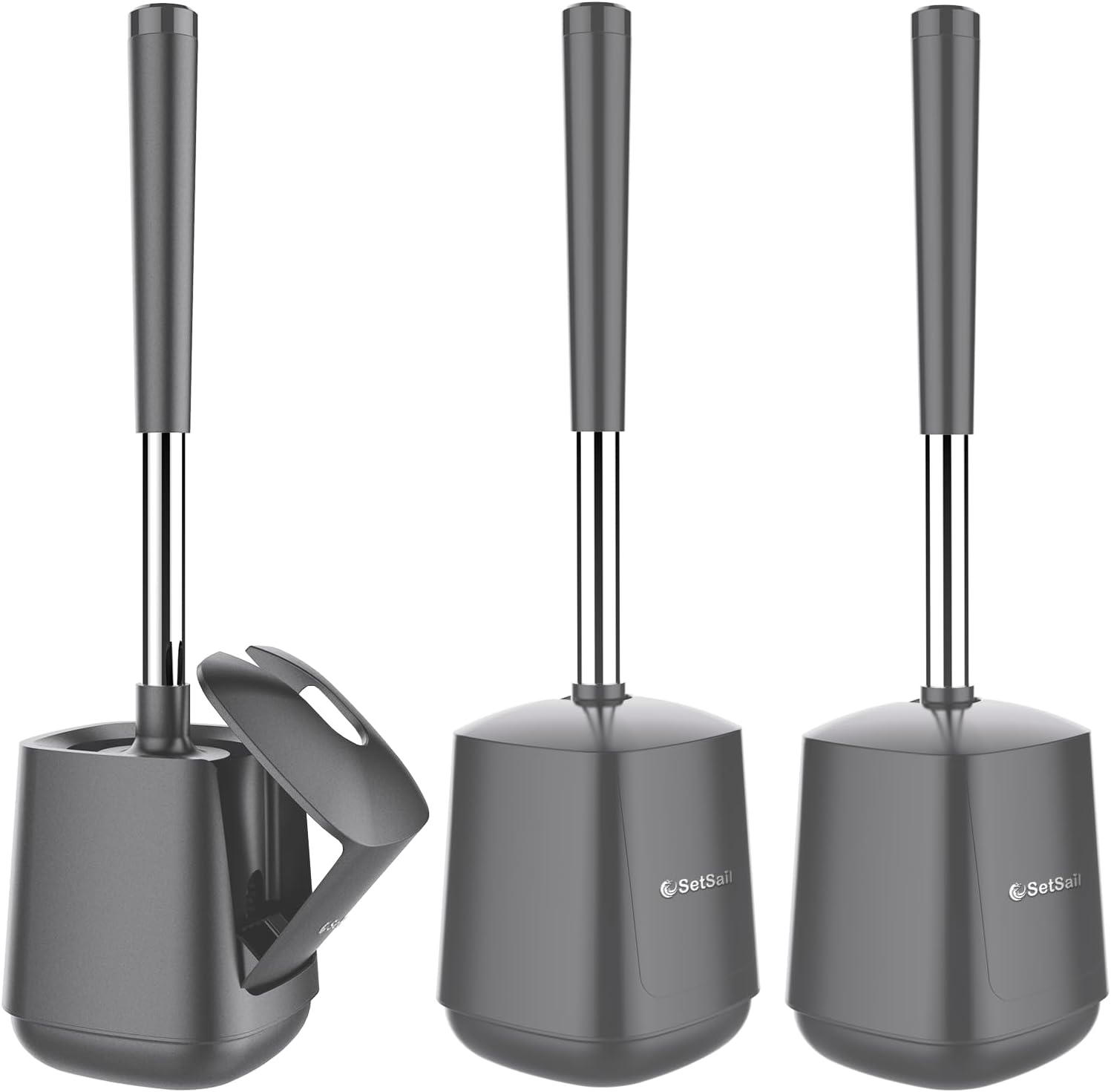 SetSail Toilet Brush and Holder 3 Pack, Self Closing Lid Toilet Bowl Brushes Holder Extra Long Handle Ventilated Toilet Brush Set for Bathroom Cleaning, Nylon Bristles, Grey