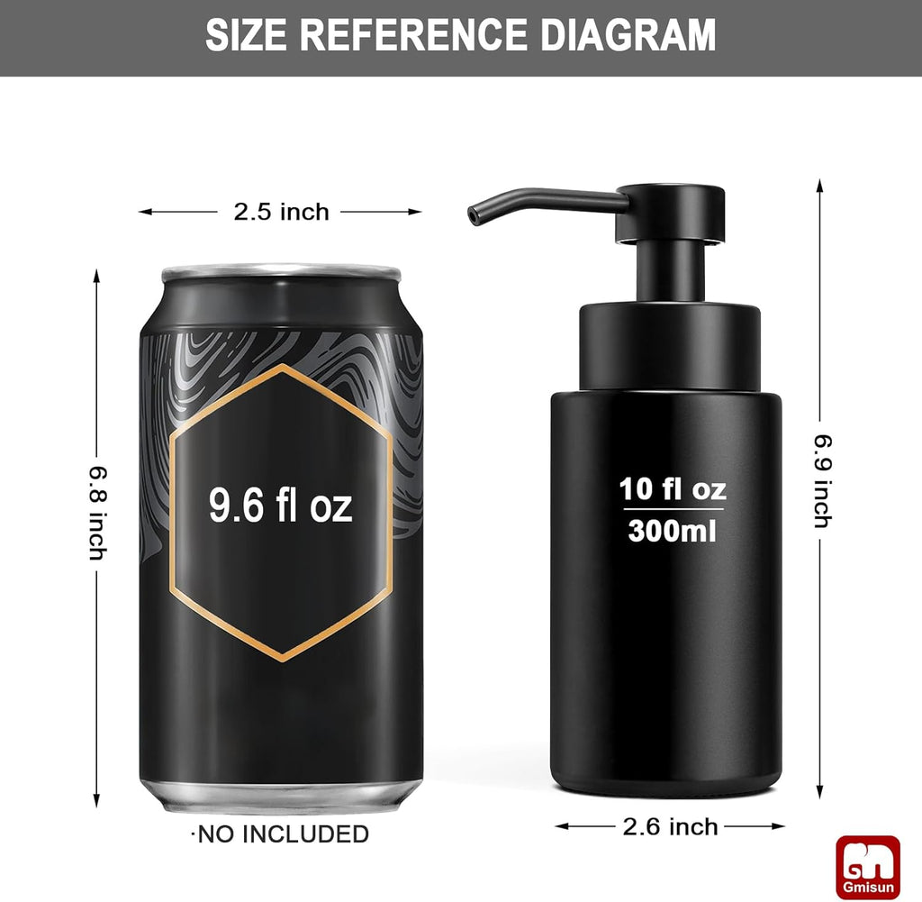 GMISUN Foaming Soap Dispenser, 10 Fl oz/300 ml Matte Black Glass Foaming Hand Soap Dispenser, 2Pcs Hand Soap Dispensers for Bathroom & Kitchen, Refillable Foam Soap Pump Bottle with Waterproof Labels