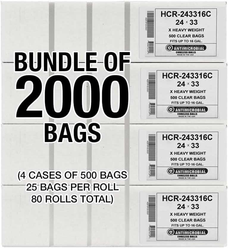 Aluf Plastics High Density Trash Bags, 12-16 Gallon, 2000 Count, 16 Micron (eq), 24" x 33", Clear, For Bathroom, Office, Industrial, Commercial, Janitorial, Municipal, & Recycling
