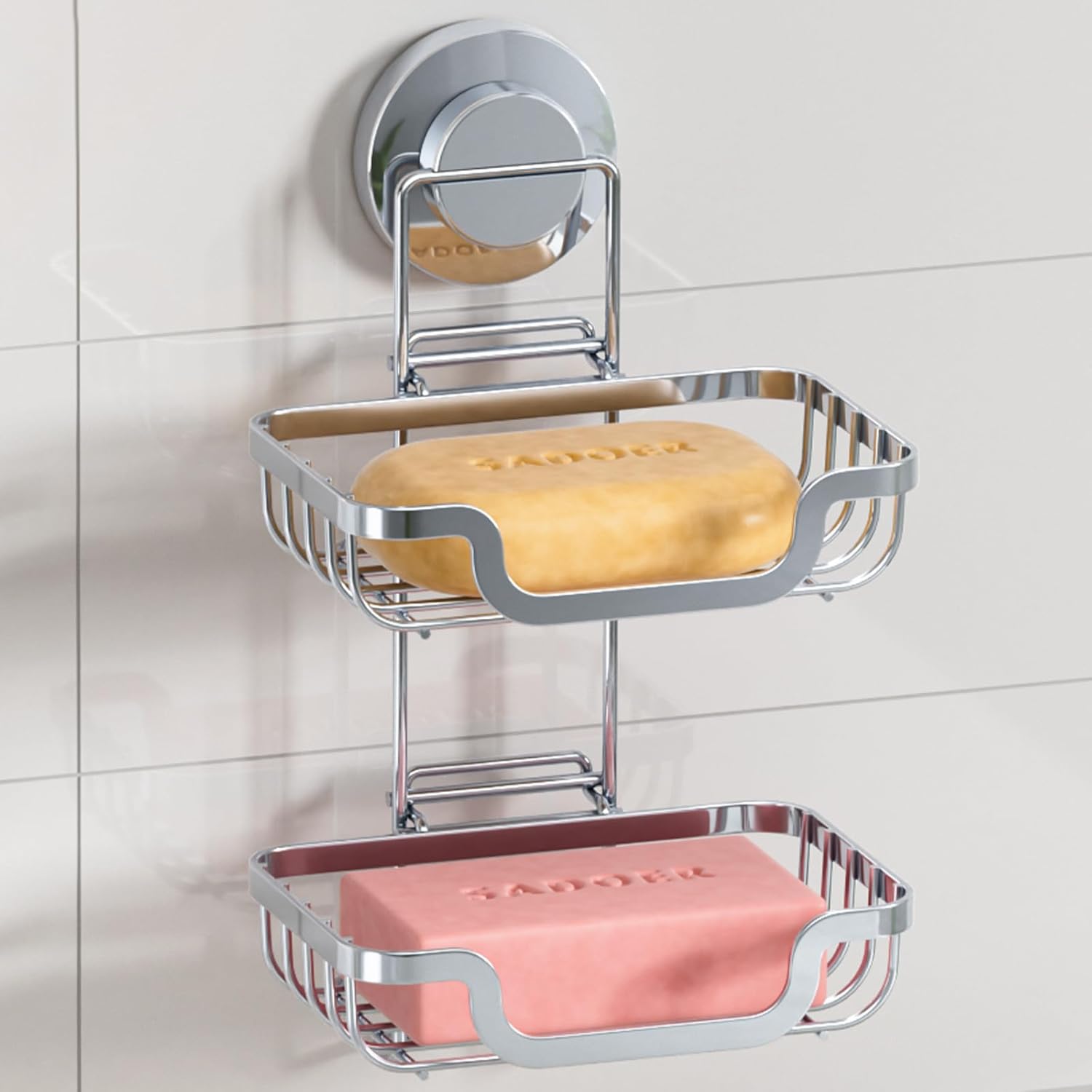 LEVERLOC 2 Tier Soap Holder, Soap Bar Dish for Shower Wall Mounted, Stainless Steel Suction Cup Sponge Holder for Bathroom Bathtub Kitchen Sink, Waterproof, Removable, Keep Dry, Silver