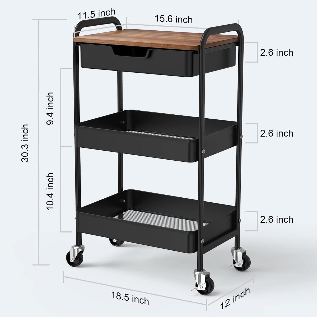 3 Tier Rolling Cart with Drawer, Metal Utility Cart on Wheels Storage Cart with Wood Top, Kitchen Cart Art Cart Organizer for Bathroom Office Balcony Living Room
