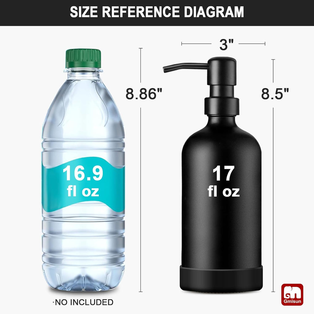 GMISUN Black Soap Dispenser with Silicone Sleeve Boot, 2 Pack Glass Bathroom Hand Soap Dispensers with Stainless Steel Pump, 17 Fl Oz Kitchen Hand and Dish Soap Dispenser Set, Liquid Dispensers Bottle