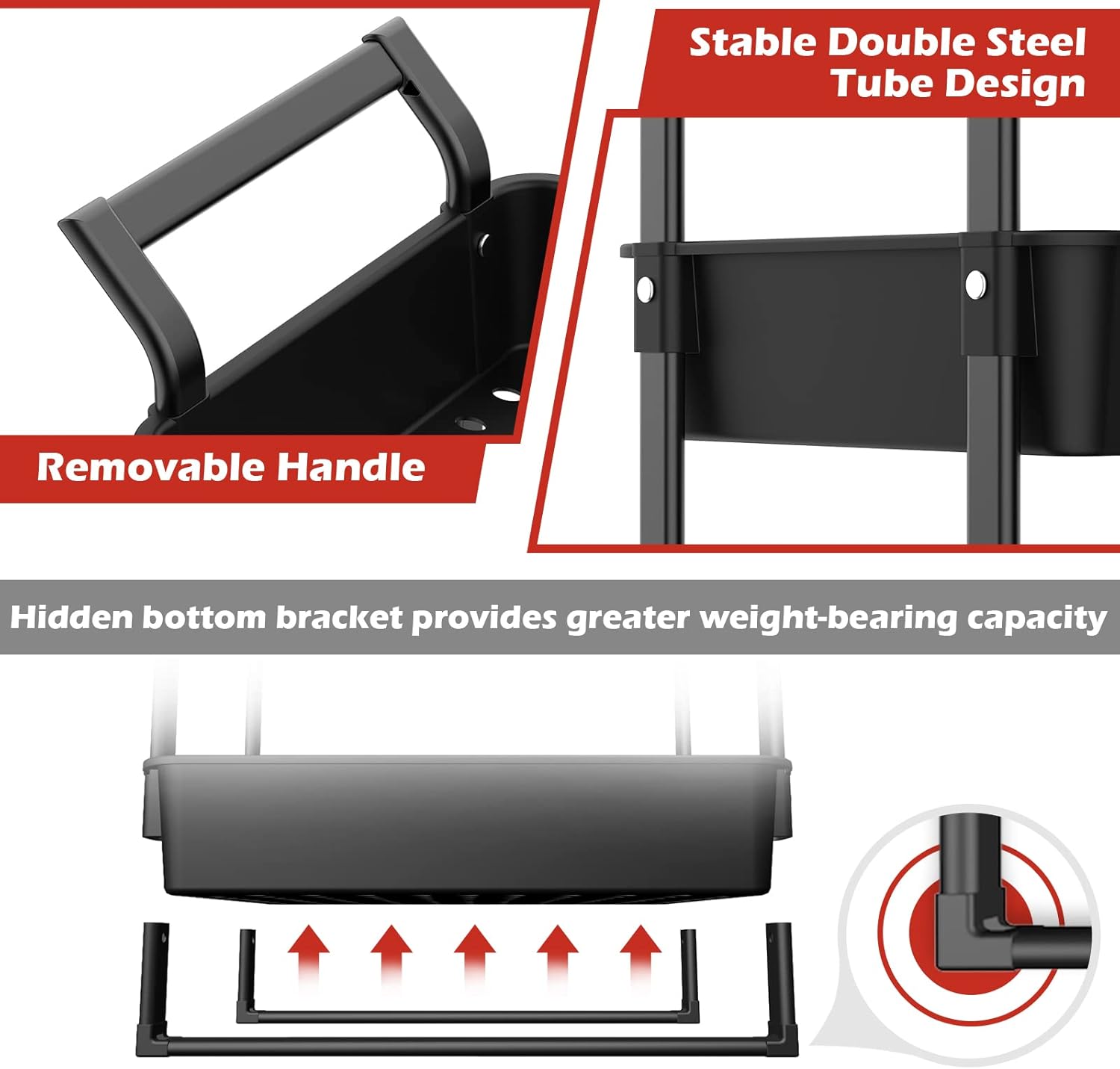 3-Tier Utility Rolling Cart,Mobile Utility Cart with Lockable Caster Wheels,Storage Shelves Organizer Cart, 3 Hanging Baskets, Easy Assembly,for Bathroom, Kitchen, Office, Workshop