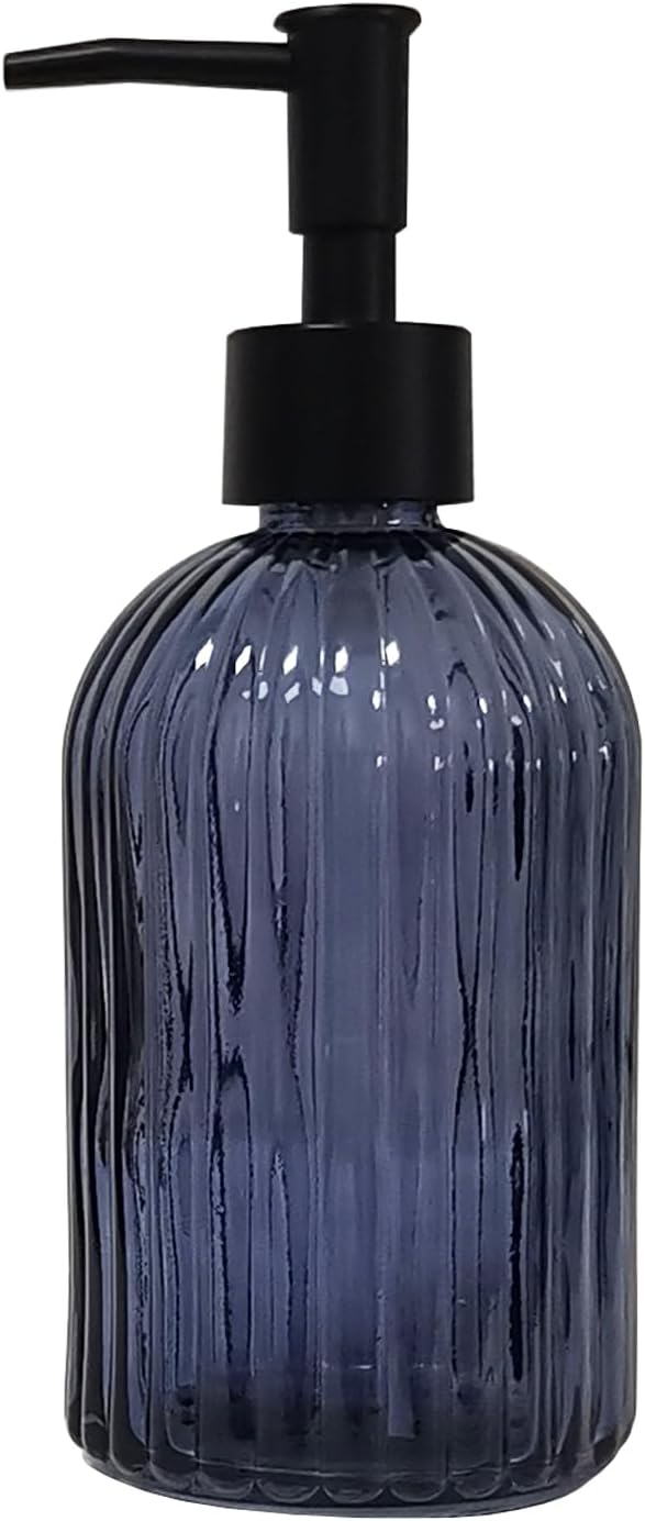 Glass Soap Dispenser with Black Plastic Pump, 13.5oz Refillable Hand Soap Dispenser for Kitchen, Bathroom, Great for Lotions, Essential Oil, Liquid Soap(Grayish Blue)
