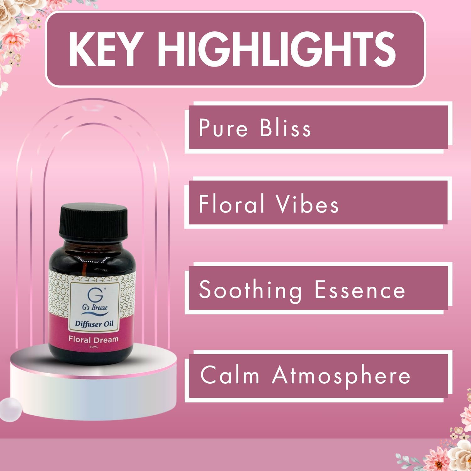 G's Breeze Floral Dream Diffuser Oil Refill - Luxurious Rose, Lily & Jasmine Blend for Long Lasting Floral Freshness – Ideal Scent for Home & Office – Create an Uplifting Atmosphere - 60 ML