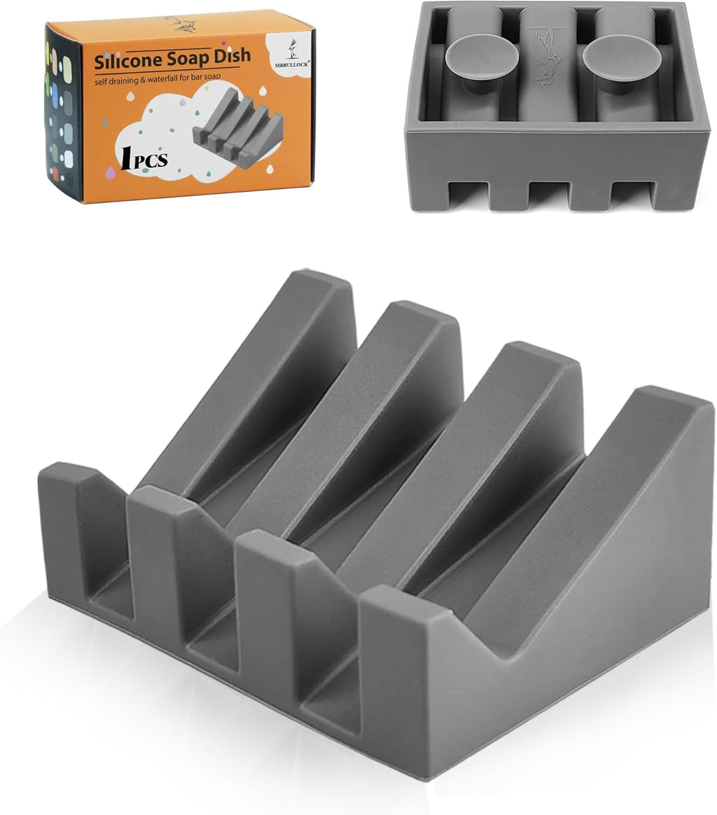 Silicone Soap Dish for Bar Soap Holder for Shower Bathroom Self Draining Waterfall Drying Tray Keep Soap Bars Dry Clean & Easy Cleaning (Gray, 1)