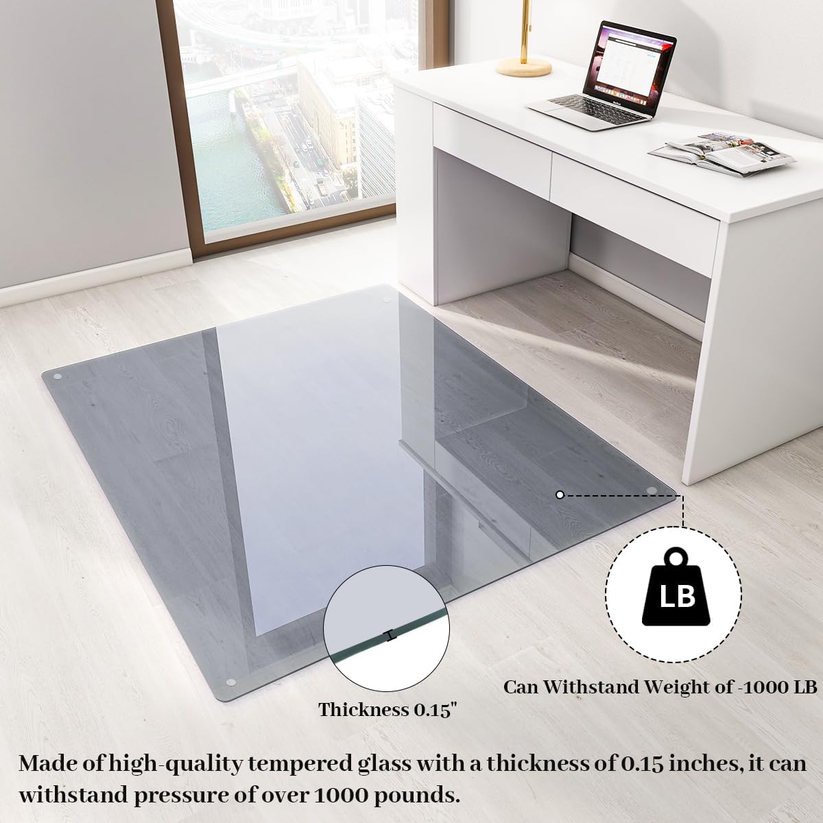 Tempered Glass Floor Mat for Office Chair, 36" x 46" Heavy Duty Hard Office Chair Mat, for Carpeted or Hard Floor, with 4 Anti-Slip Pads, Grey