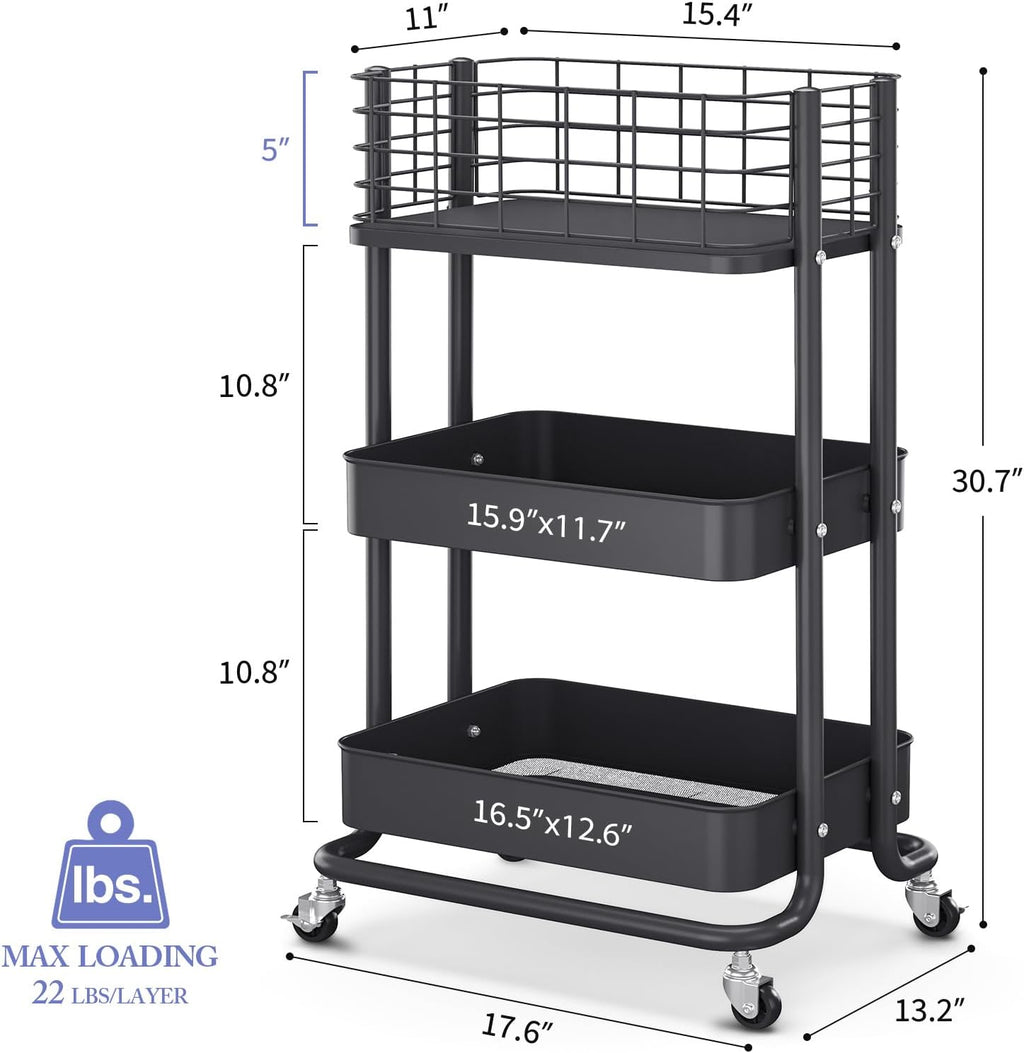 KINGRACK 3 Tier Rolling Cart, Metal Mobile Storage Shelf with Lockable Wheels, Utility Trolley Cart with Wheels, Storage Organizer for Kitchen, Office, Bathroom, Dorm, Black