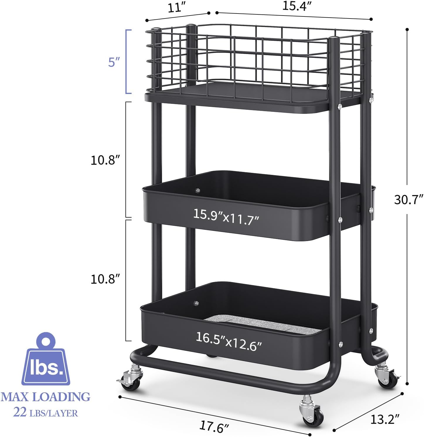 KINGRACK 3 Tier Rolling Cart, Metal Mobile Storage Shelf with Lockable Wheels, Utility Trolley Cart with Wheels, Storage Organizer for Kitchen, Office, Bathroom, Dorm, Black