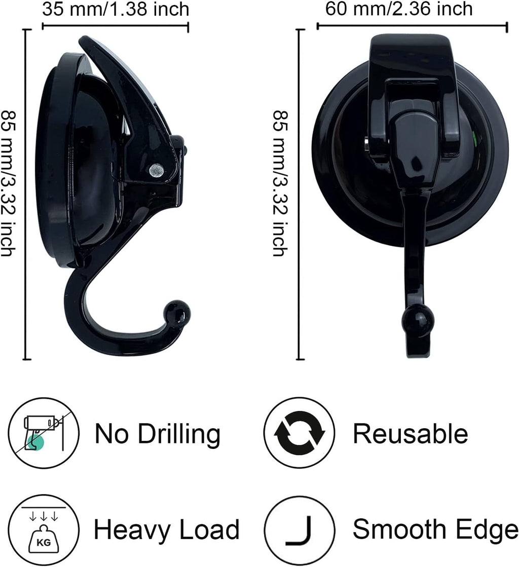 Heavy Duty Vacuum Suction Shower Hooks - Glass Suction Cup Bathroom Robe Hooks, Reusable, No Hole Punched, for Garland Decoration (Black, 6 Pack)