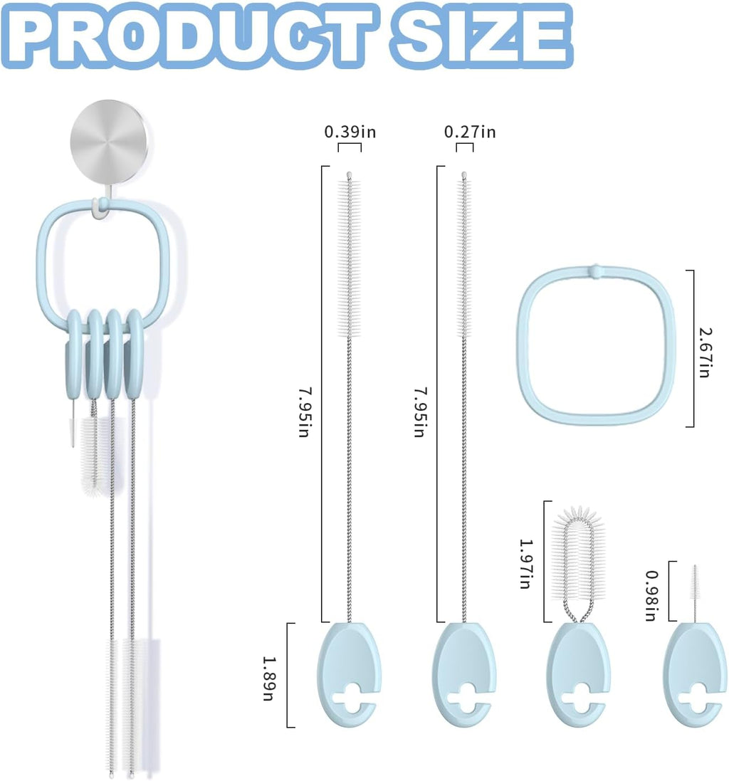 YOTIME Standing Straw Cleaner Brush Set, 4in1 Reusable Straw Brushes with Holder Ring, for Wide and Narrow Straws, Tumblers, Water Bottles and Cups, Blue