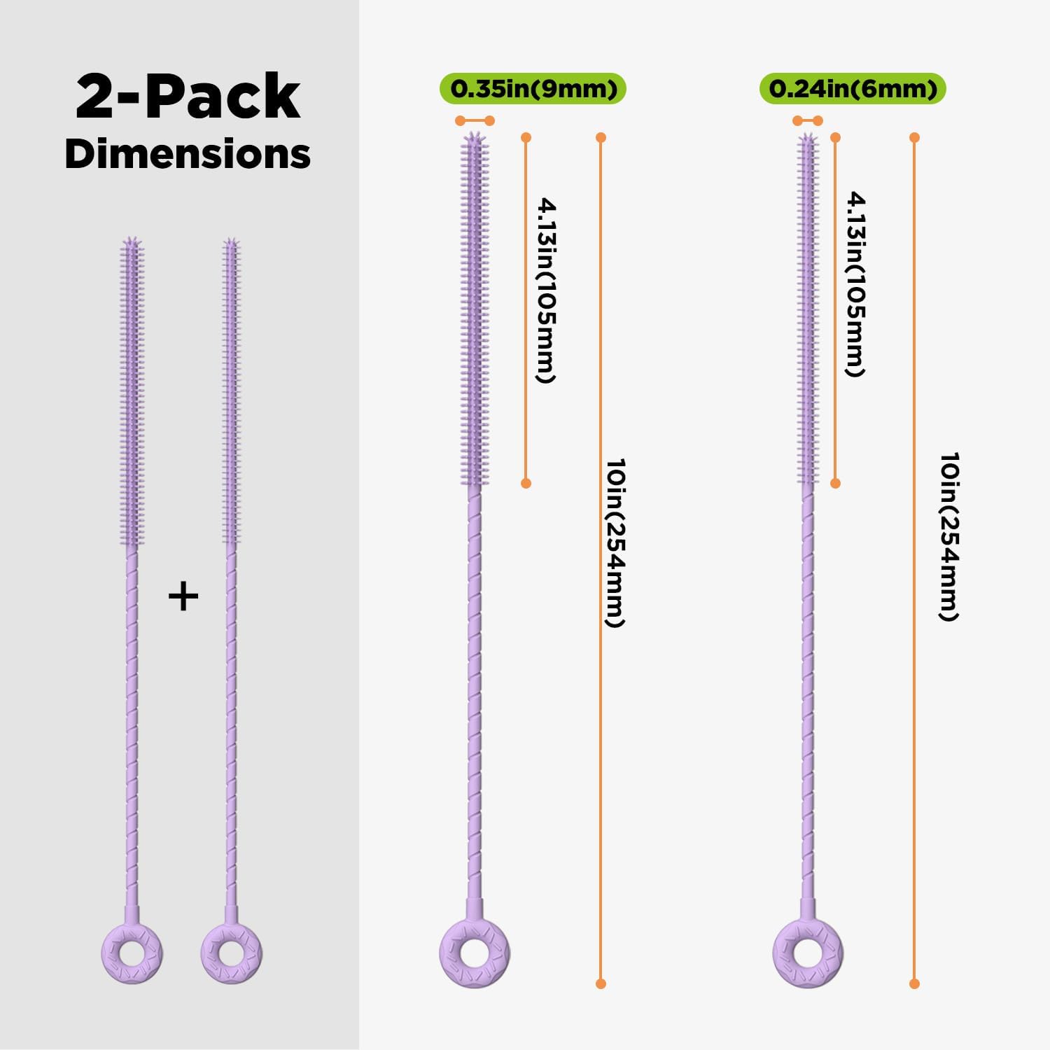 2 Pcs Silicone Straw Cleaner Brush, Extra Long Cleaning Brushes for Straws, 6mm&9mm, Purple