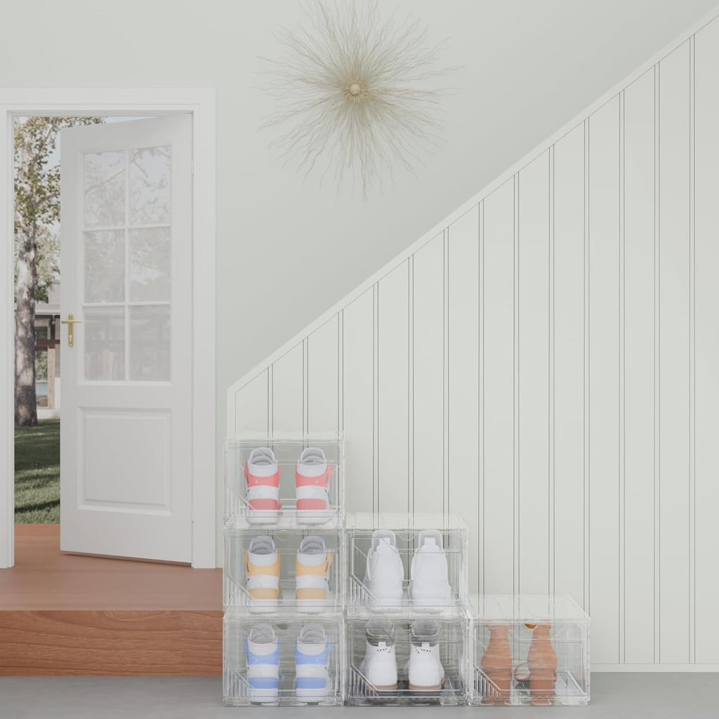 10 Pack Upgraded XX-Large Storage Organizer with Magnetic Door, New structure is more stable, Thicken & Sturdy Clear Stackable Interconnectable Shoe Box for Entryway, Closet, Under Bed