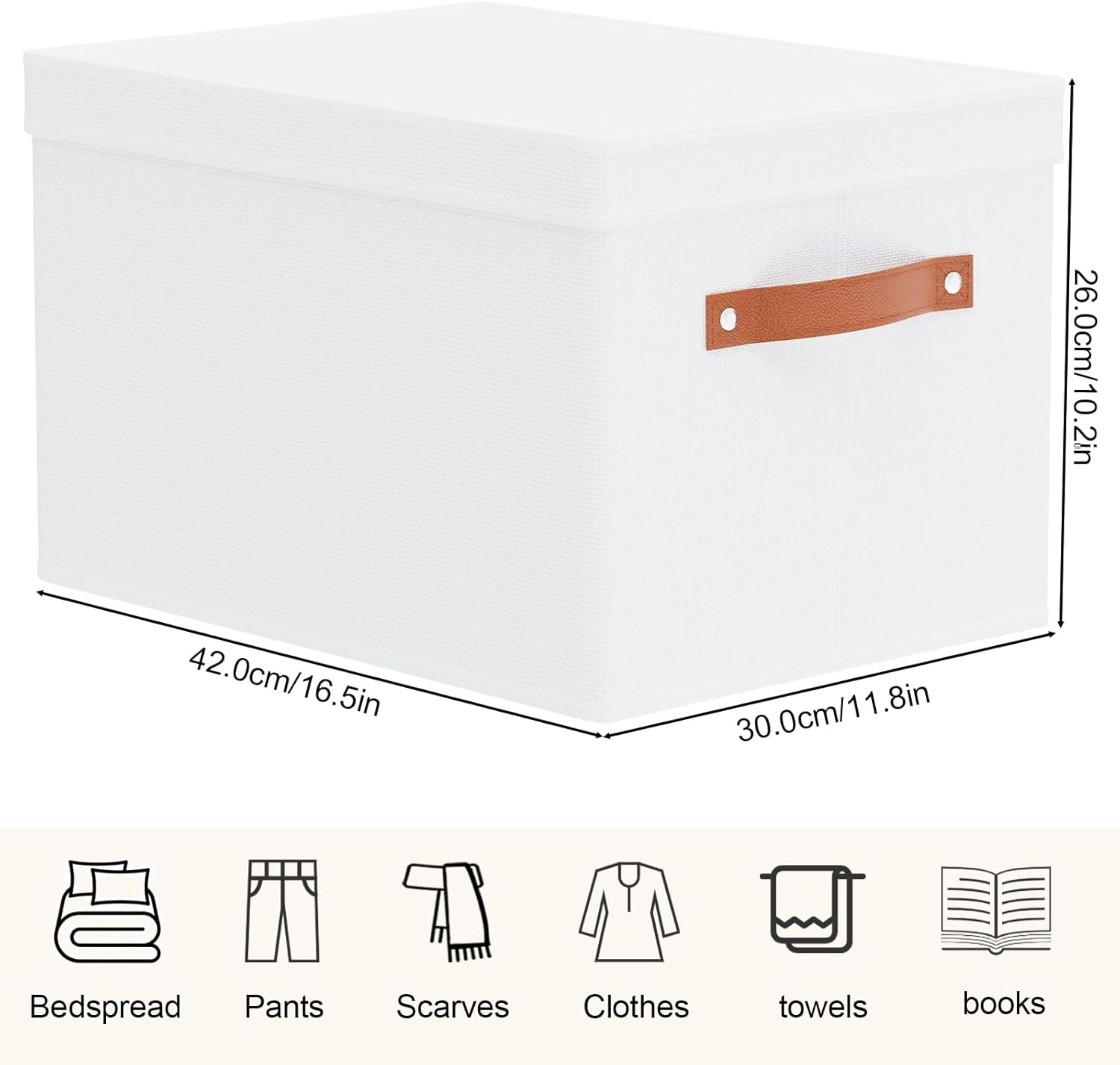 Fabric Storage Bins, Clothes Boxes for Shelves with Lids, 1 Pack Baskets for Organizing with Handles, Decorative Linen Closet Organizers, White, 16.5 x 11.8 x 10.2 Inch