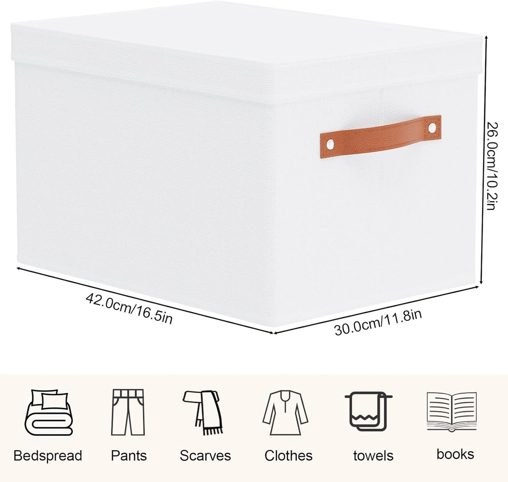 Fabric Storage Bins, Clothes Boxes for Shelves with Lids, 5 Pack Baskets for Organizing with Handles, Decorative Linen Closet Organizers, White, 16.5 x 11.8 x 10.2 Inch