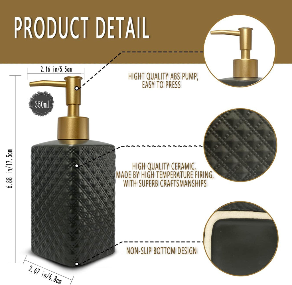Gold Soap Dispenser for Bathroom,Black Square Lotion Dispenser, Refillable Countertop Ceramic Hand Soap Dispenser,Dish Soap Dispenser for Kitchen 350ml(Black Square Bottle)