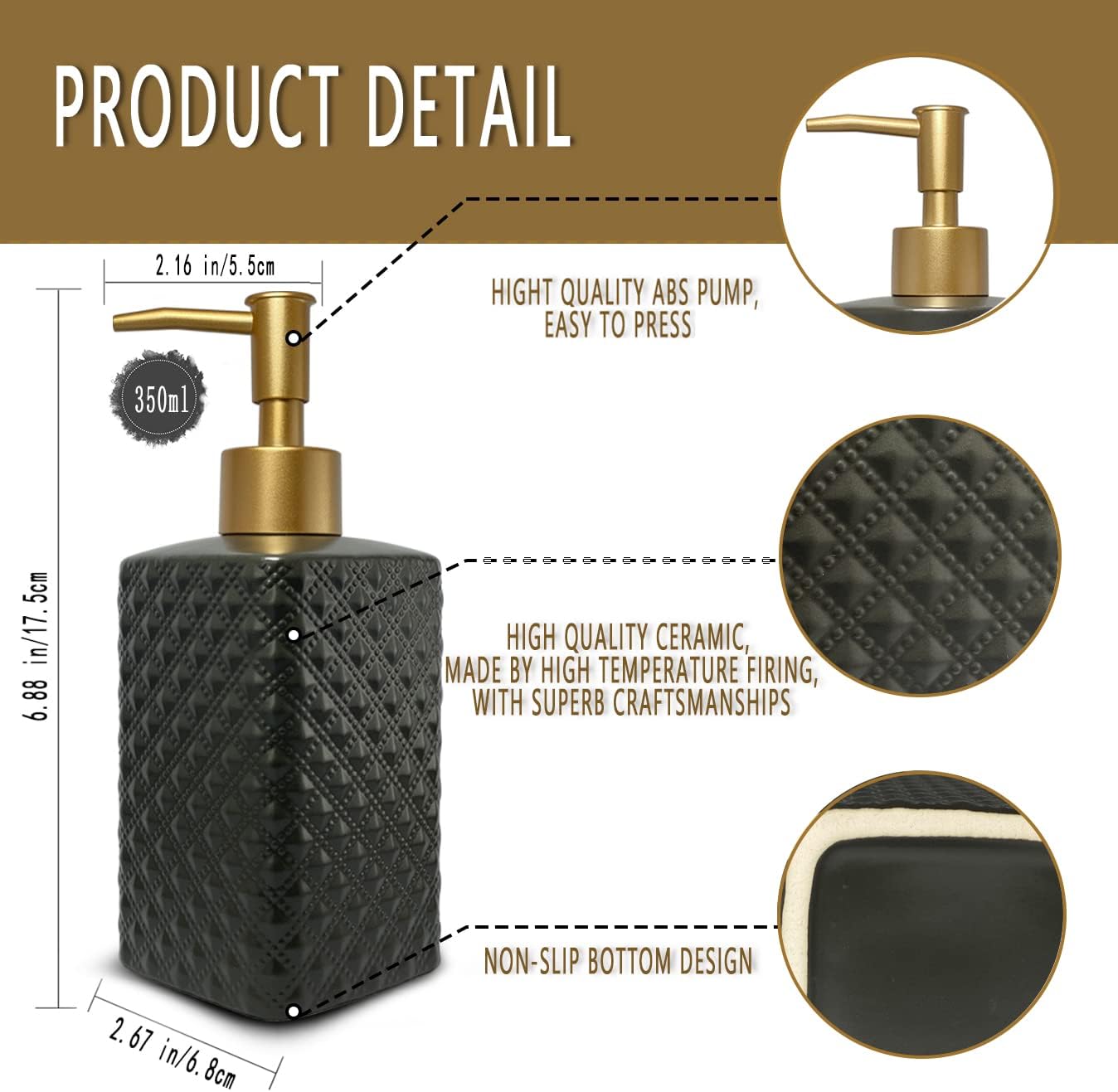 Gold Soap Dispenser for Bathroom,Black Square Lotion Dispenser, Refillable Countertop Ceramic Hand Soap Dispenser,Dish Soap Dispenser for Kitchen 350ml(Black Square Bottle)