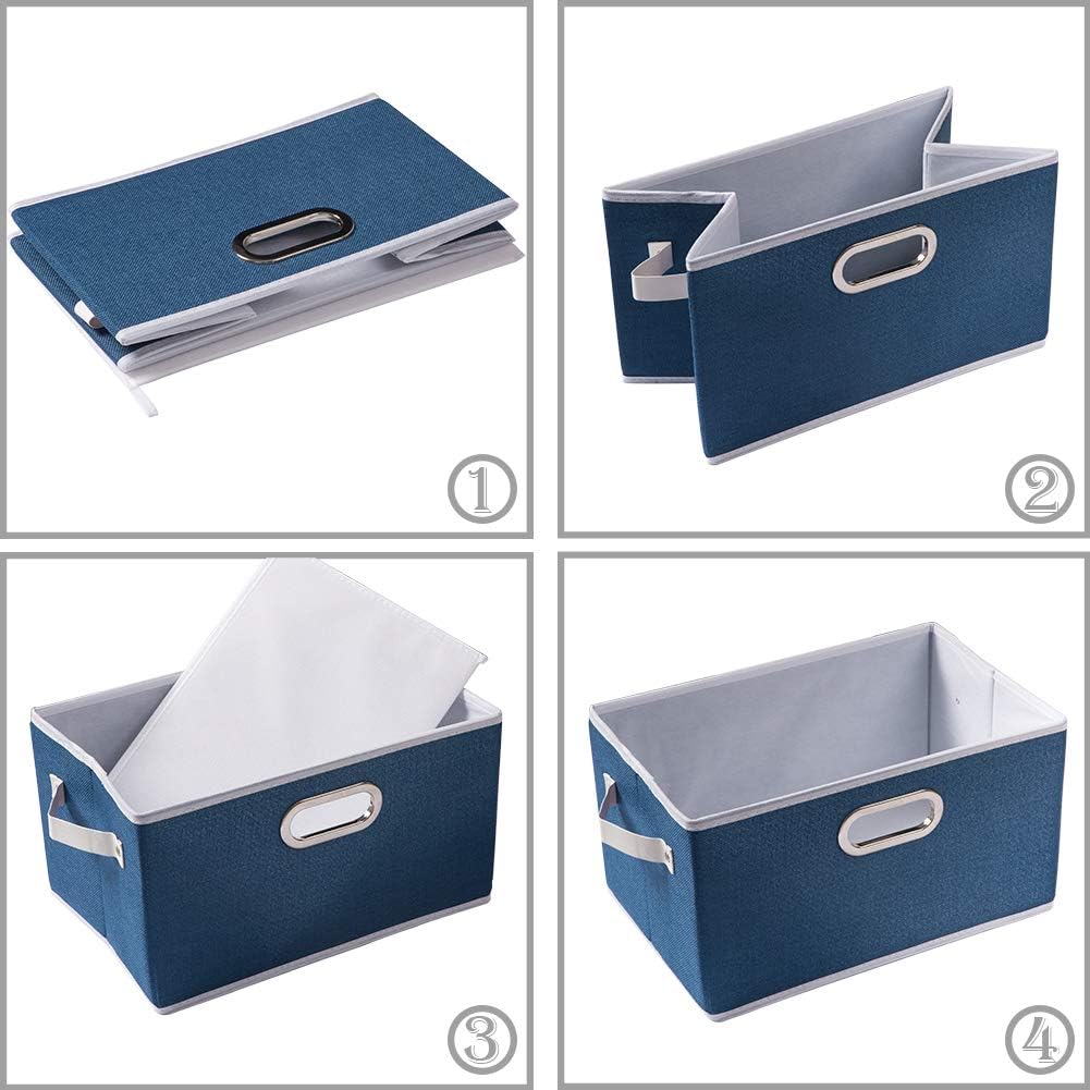 PRANDOM Larger Collapsible Storage Bins for Closet [3-pack] Decorative Linen Fabric Storage Baskets Cubes with Leather/Metal Handles for Living Room Royal Blue (17.3x12.2x10.4 Inch)