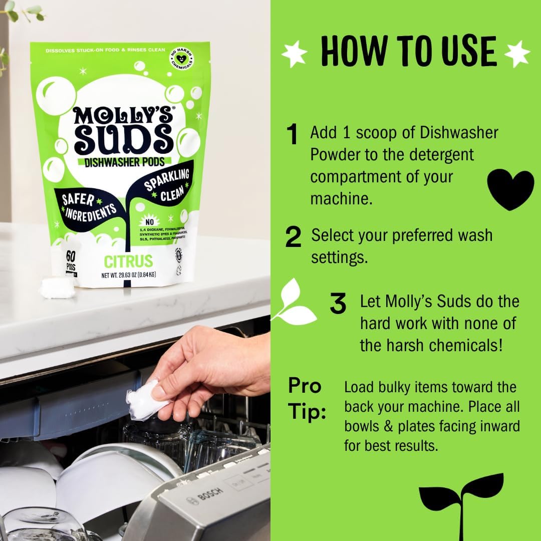 Molly's Suds Dishwasher Powder | Clean Dishwasher Detergent, Cuts Grease & Rinses Clean (Residue-Free) for Sparkling Dishes | 60 Loads (Citrus)