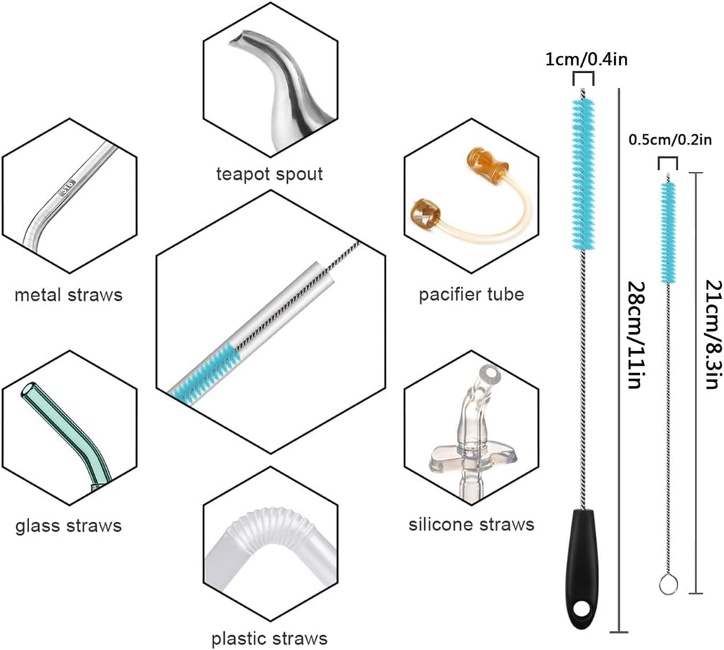 3 in 1 Stainless Steel Long Handled Water Bottle Brush Set, Kitchen Scrubber Cleaning Brush for Mugs, Coffee Cups, Glassware, Wine Glasses, Wake-Ups, with Straw Cleaner, Brown