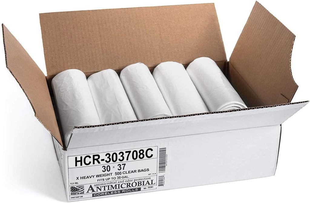 Aluf Plastics HCR-303708C High Density Star Sealed Coreless Roll Bags, 30 gal, Polyethylene, 30" x 37", Clear (1 Pallet of 100 Packs, 50000 Count Total)