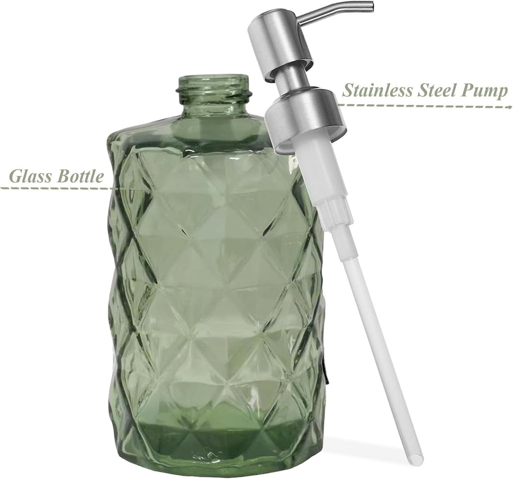 12Oz Green Glass Soap Dispenser with Stainless Steel Pump, Refillable Kitchen Liquid Hand Soap Dispenser with Diamond Design, for Dispense Hand soap, Dish Soap, Lotion, Bathroom, Countertop, Hotel