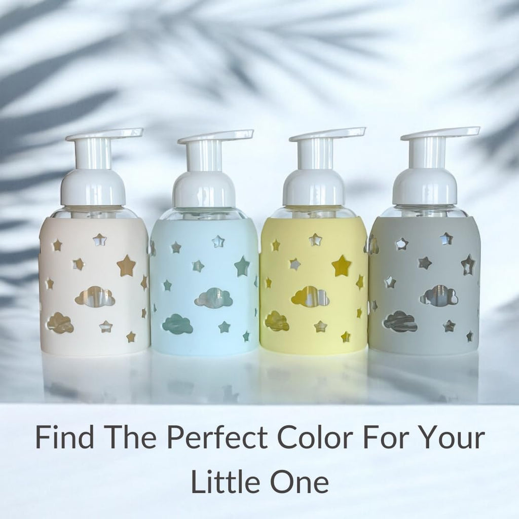 SoCal Suds & Company Glass Foaming Hand Soap Dispenser, Soft Grip Silicone Sleeve, Refillable Pump Bottle for Kids, Baby Wash & Shampoo, Ideal for Home Use, Light Grey 8oz