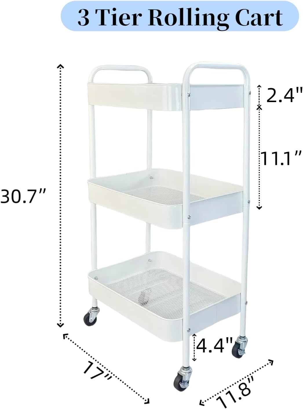 Metal 3 Tier Rolling Cart with Wheels for Kitchen Storage & Laundry Room Organization, Bedside Cart with Handle and 4 Hooks, Versatile Large Capacity Art & Craft Storage Organizer, White