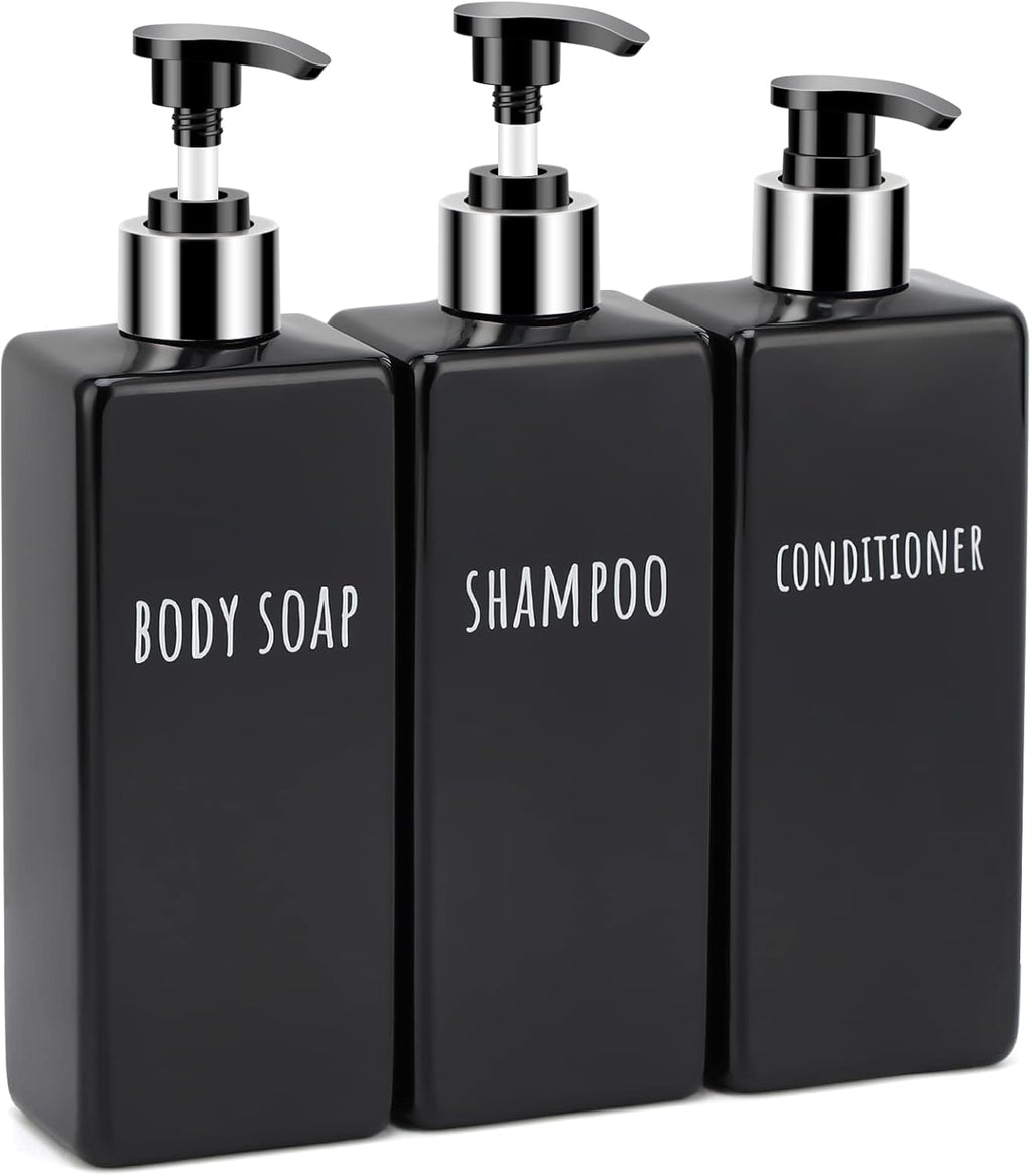 Segbeauty Shower Soap Dispenser Black, 3pcs 16.9oz Empty Refillable Bathroom Press Pump Bottles, 500ml Reusable Plastic Square Shampoo Conditioner Body Soap Dispenser Set for Modern Kitchen Home Decor