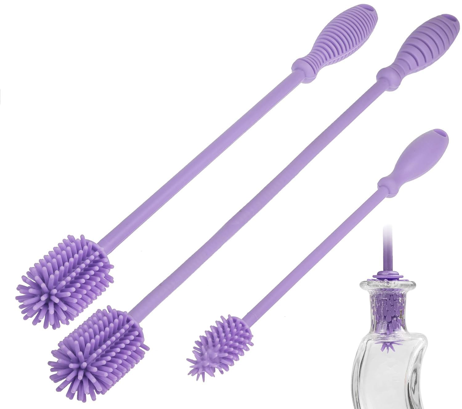 A-Brush Silicone Bottle Cleaner Brush, 3 Piece Set, Long Handle - Water Bottle Cleaner, Baby Bottle Nipple Brush for Plastic & Glass, BPA-Free Dish Washing Brush A2S Protection